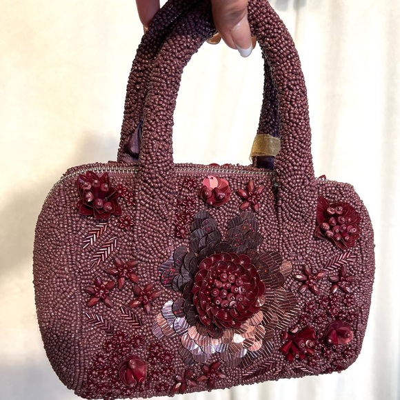 🖤🖤MADE IN INDIA GORGEOUS WINE/BURGUNDY  HANDCRAFTED BEADED BAG🖤🖤NWT - Picture 4 of 14